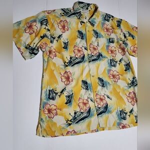 (#15) Columbia 100% Silk Yellow Floral & Boat Hawaiian Shirt